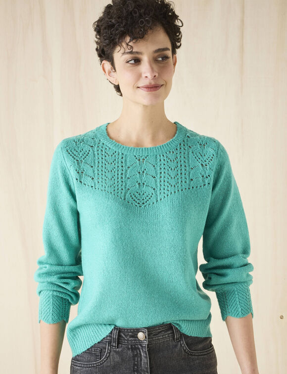 Pull col rond maille ajourée, toucher doux (vert menthe) Pull col rond maille ajourée, toucher doux (vert menthe)